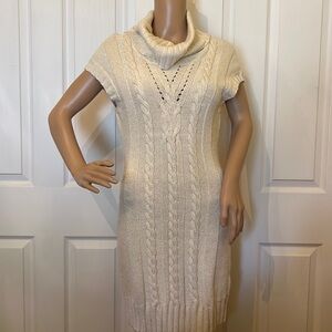Express sparkly cream  cap sleeved cowl neck sweater dress/tunic knee length szS